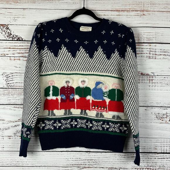 Womens VTG 1986 Susan Bristol Wool Sweater Hand Embroidered Family Puff Sleeve S - Picture 1 of 9